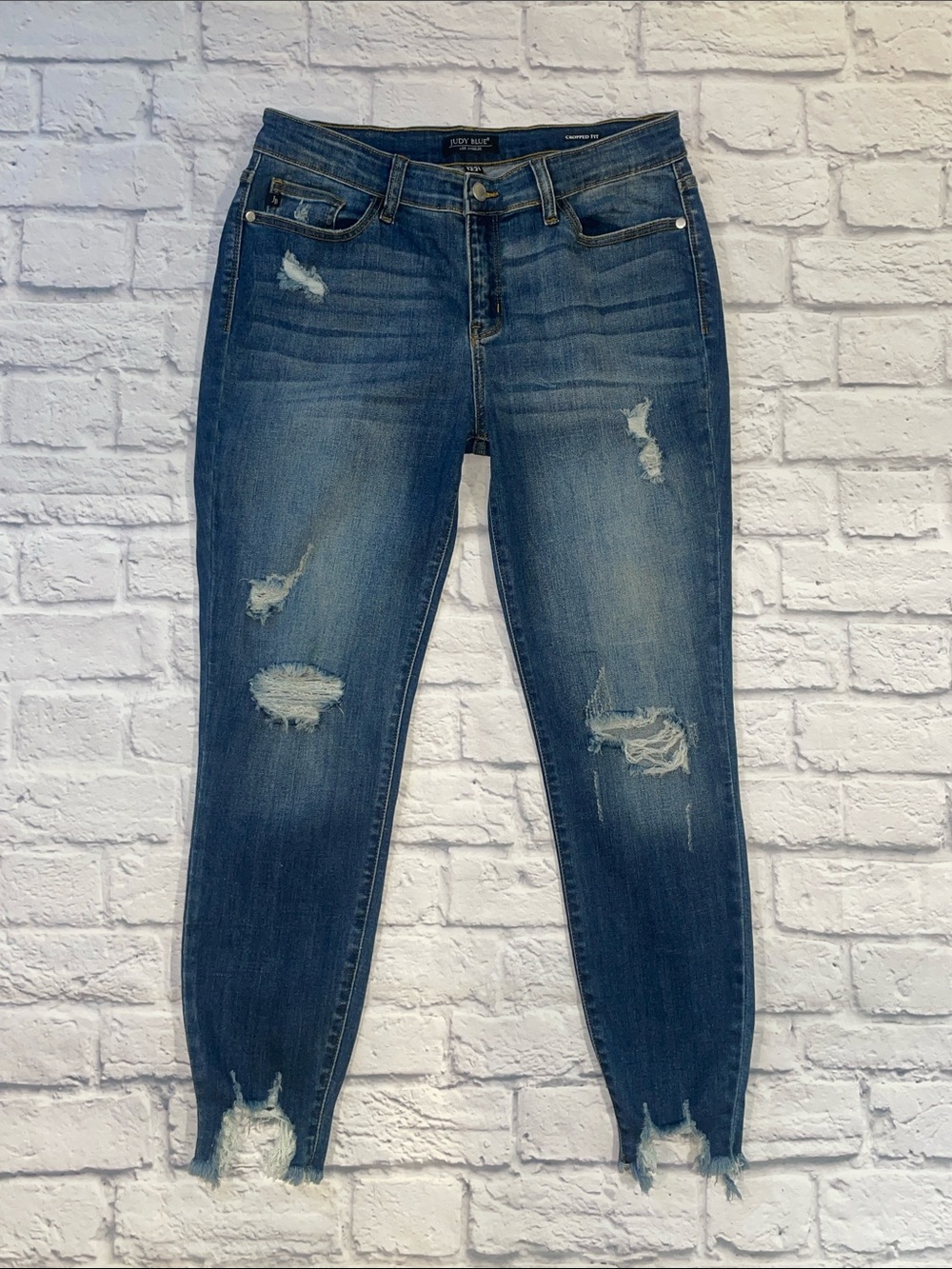 Judy Blue Medium Wash Destroyed Hem Skinny Jeans. Size 13(31)